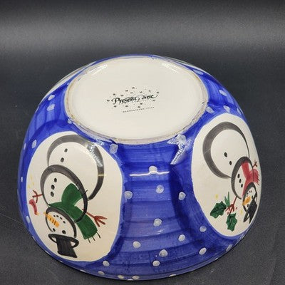 Large Serving Bowl 12" by Present Tense Italy Hand Painted Snowman & Holly Leaf