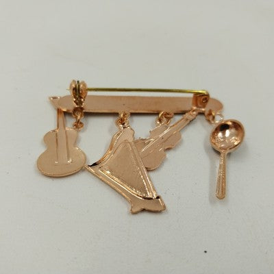 Decorative Brooch Pin Brass Musical Instruments Harp Guitar Violin Maracas 1.50"