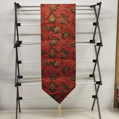 Red Table Runner Scrolled Ends White Tassels 70” x 12” Gold Motif Christmas Drum