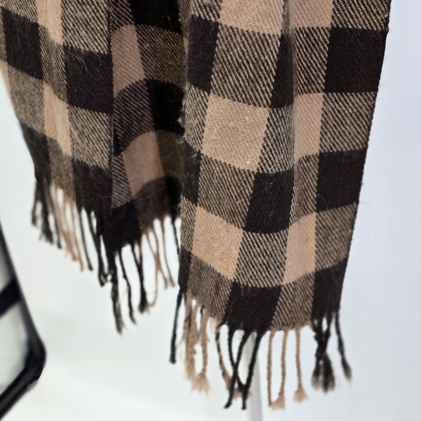 Checkered Plaid Brown Black Rectangle Neck Warmer Scarf Shawl w/ Fringe 72"x14"