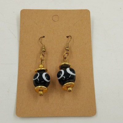 Gold Tone Black & White Drop Dangle Pierced Earrings Retro Jewelry