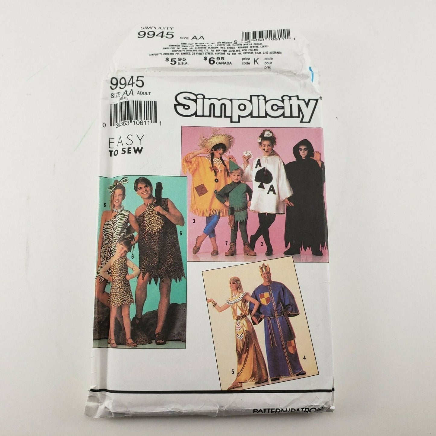Simplicity 9945 Sewing Pattern Adult Costume Cave Person Queen King Reaper Uncut