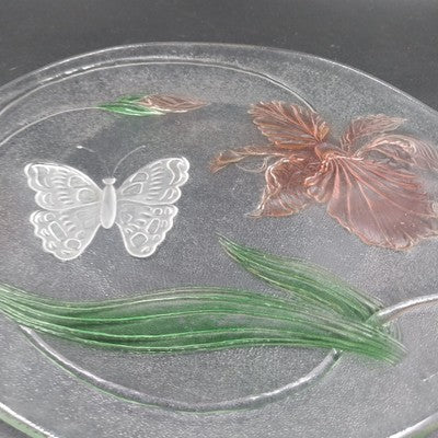 LE Smith 12.5" Clear Frosted Glass Plate Painted Iris & Butterfly Design Vtg
