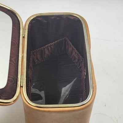 Tan Leather Train Case – 10.5" Travel Luggage with Cane Web Front, Latch Closure, Pockets & Interior Mirror Vintage