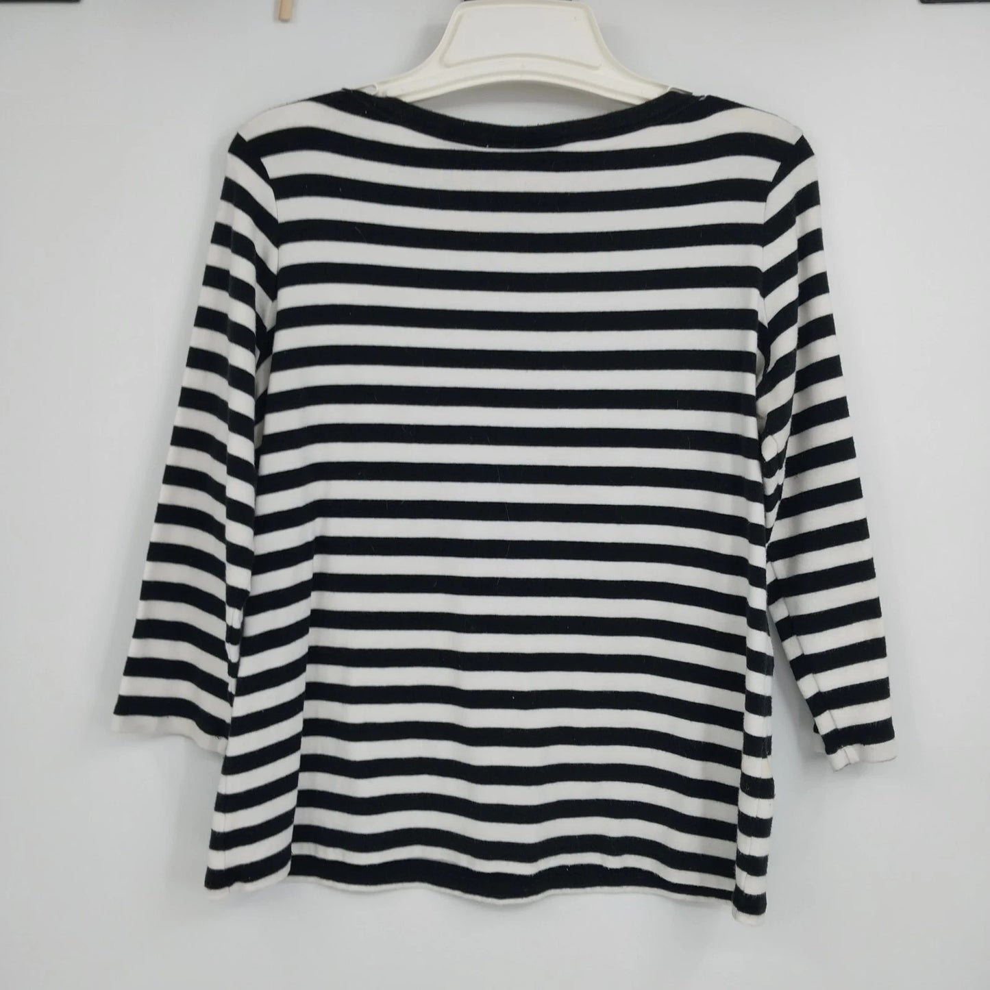 Relativity Black White Striped Boat Neck Top L 3/4 Sleeve Button Shoulder Womens
