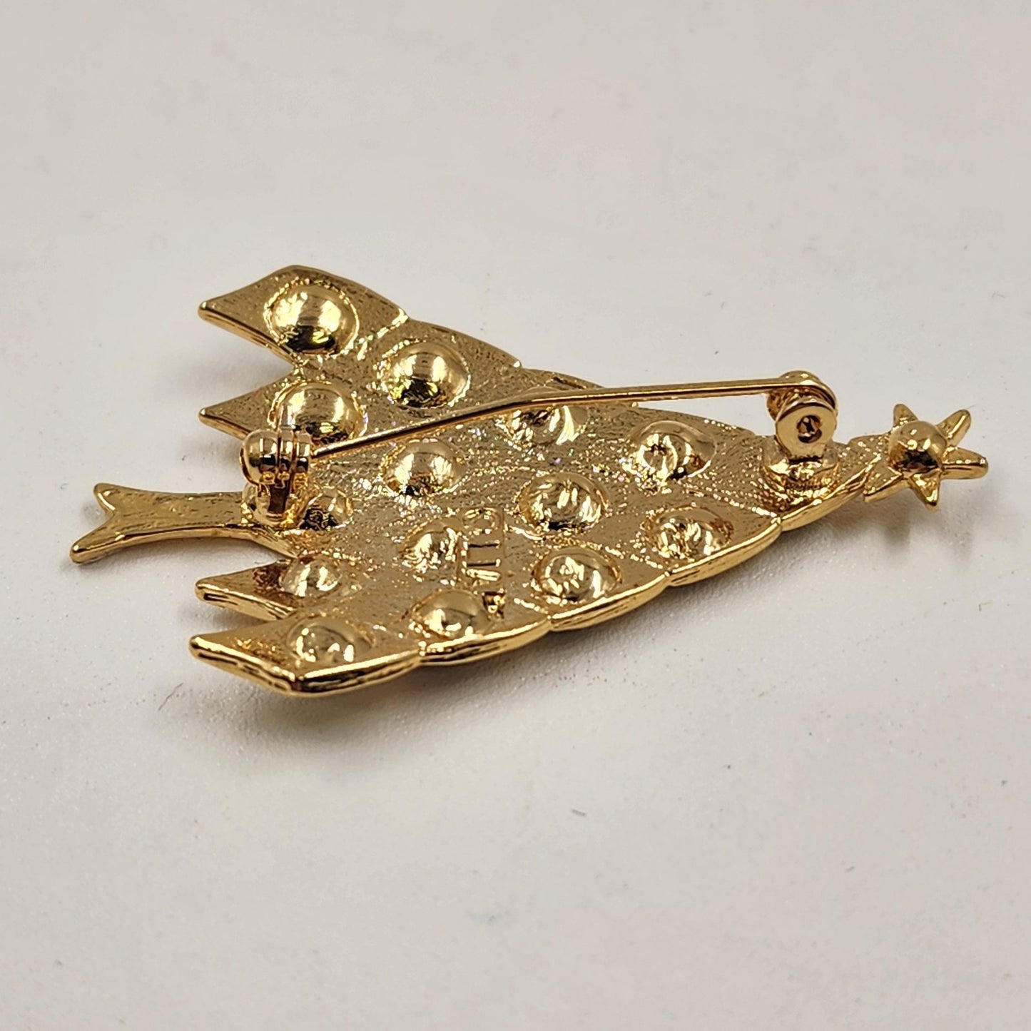 LIA Holiday Christmas Tree Gold Tone w Multicolor Rhinestone Brooch Pin 2" Vtg