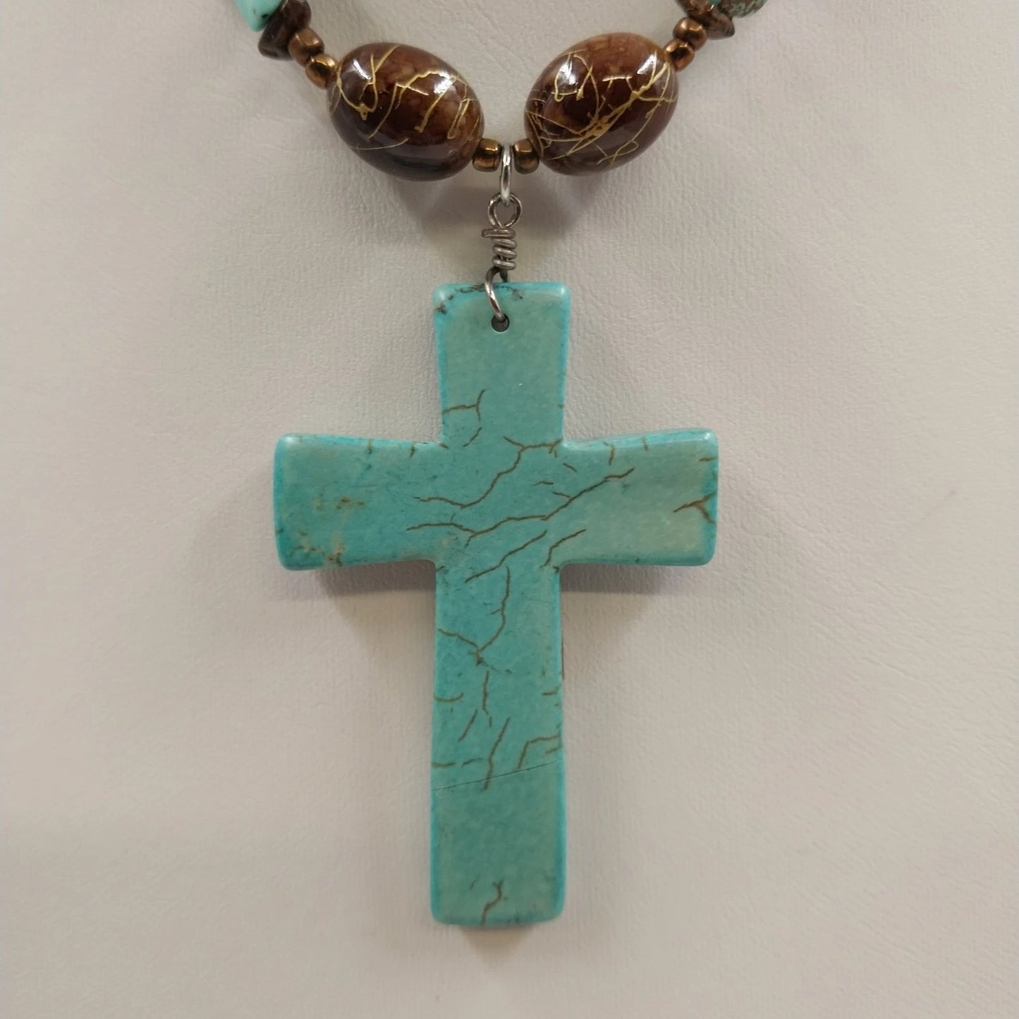 2 Pendant Necklaces Turquoise Stone Cross & Black Cord Beaded Mix Shaped