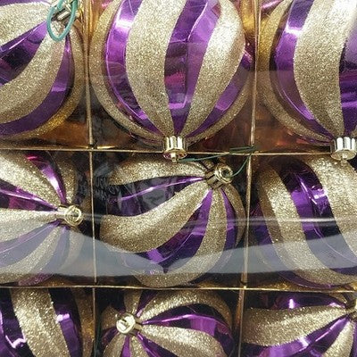 9 pc Purple Gold Swirl Balls Shatterproof Christmas Ornaments Gold Glitter 3.75"
