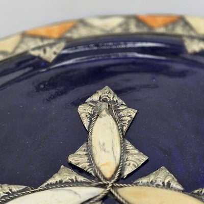 French Ceramic Centerpiece Bowl Cobalt Blue Glaze Silver Hand Carved Shell Inlay
