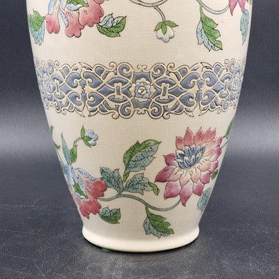 Large Macau Urn-Style Vase – Hand-Painted Pink & Blue Floral Design – 15" x 8" Vintage Oriental-Inspired Home Décor
