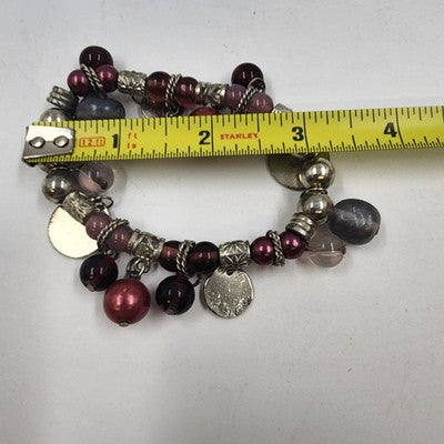 Silver Tone w/Amber Multicolor Faux Pearl Beaded & Disc Charm Dangle Bracelet 3"