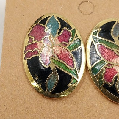 Gold Tone Cloisonné Enamel Oval Earrings Pink Green Floral Black Push Clasp