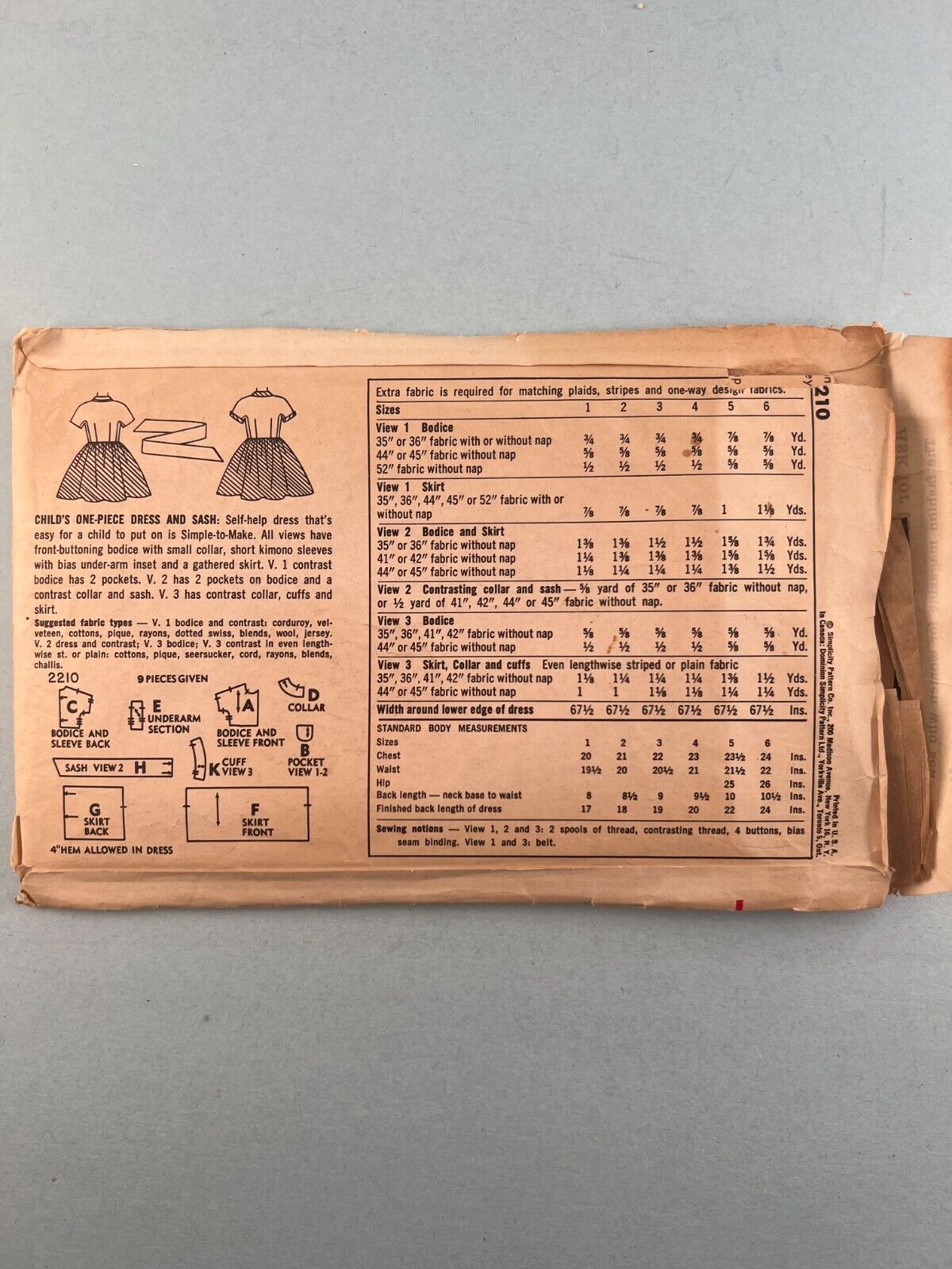 Simplicity 2210 Vintage Sewing Pattern Girls One Piece Dress and Sash Size 2