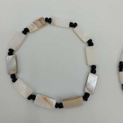 Set of 2 Bracelet Faux Pearl Black & White Beads Cylinder Rectangle Stretch 7.5"