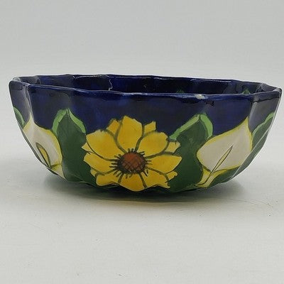 Mexican Folk Art Pottery Serving Bowl 8”x3" Talavera Sunflowers & Calla Lilies