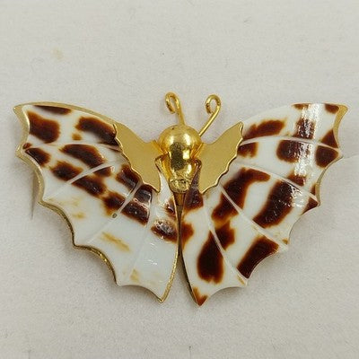 Gold Tone Butterfly Brooch Pin with White Brown Shell Wings Vintage From Taiwan