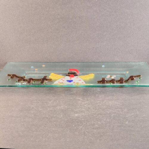 Fused Art Glass Chicken Barnyard Scene on Heavy Rectangle Large Platter 16½ x 9½