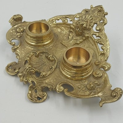Ornate Double Inkwell Gilded Bronze Cherub Floral 9.75" Lacquered Iron