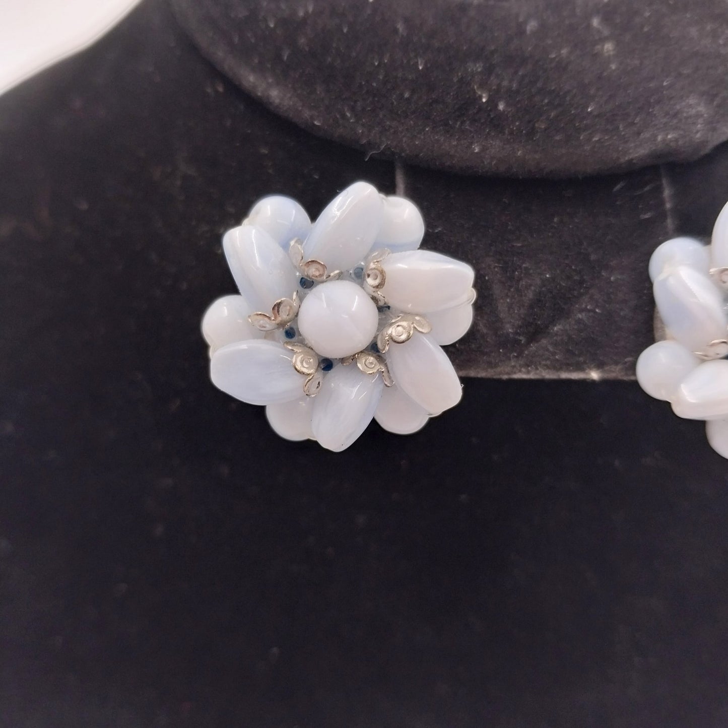 White Oval & Round Beaded with Silver Tone in Flower Shape Push Back Earrings