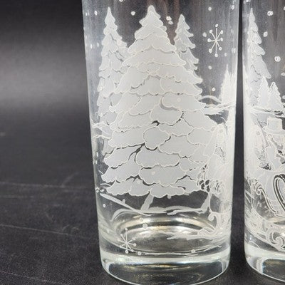2 Avon Winter Scene Horse & Sleigh Drinking Glasses 2.8"d x 6.25"h Vintage 1995