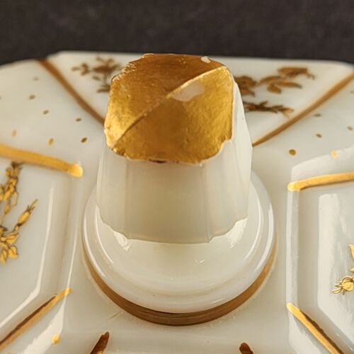 Milk Glass Wedding Box Candy Dish Pedestal Compote w Lid Gold Decorations Roses