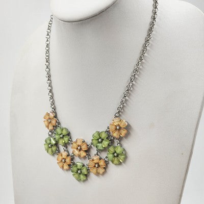 RMN Silver Tone Chain Green Yellow Flowers & Rhinestone Pendant Necklace 10"