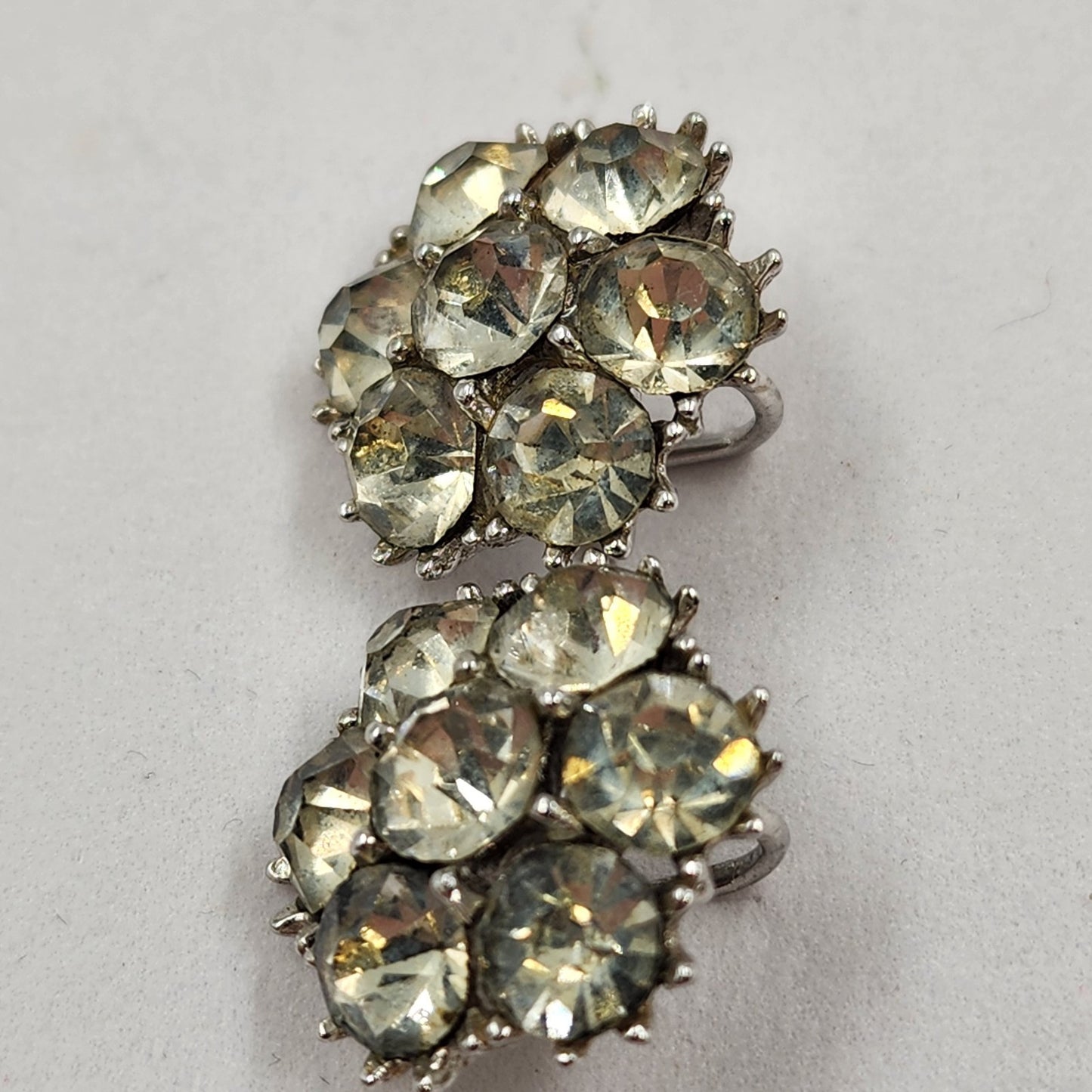 Elegant Silver Tone Clear Rhinestone Button Earrings Vintage Screw Back 0.75”