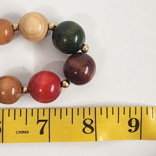 Multicolor Wood Bead Necklace Gold Tone Accents 16" Strand Spring Ring Clasp Vtg