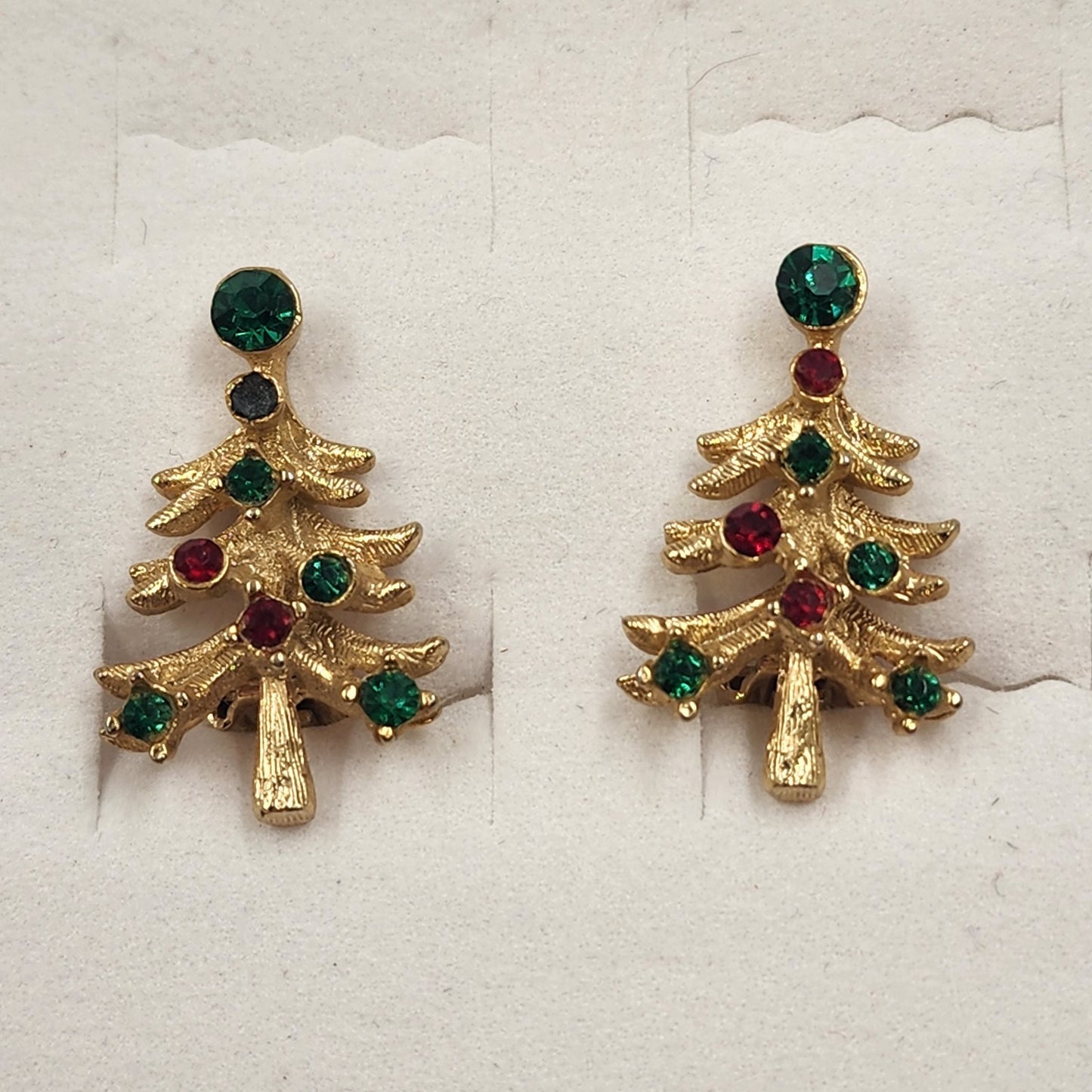 Christmas Tree Gold Tone Clip On Earrings Set w Red Green Rhinestones