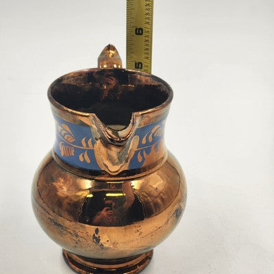 Copper Lusterware Small Creamer Pitcher Bronze & Cobalt Blue Band Floral 5.5"x3"