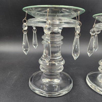 Set of 2 Heavy Crystal Glass Candle Holders Bobeche Pedestal Pendalogues Accents