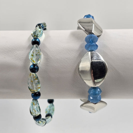 2 Stretch Bracelets Blue Silver Tone Clear Chunky Beads Fashion Jewelry 6.5-7"