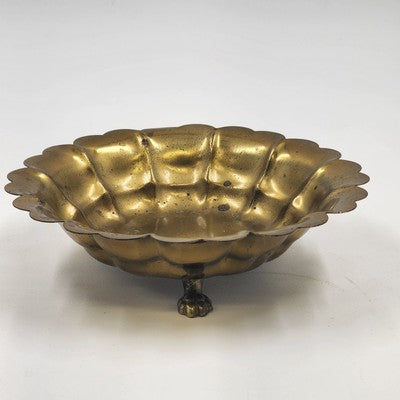 Art Deco Ornate Three-Footed Brass Round Bowl Scalloped Edge Vintage 6.75"