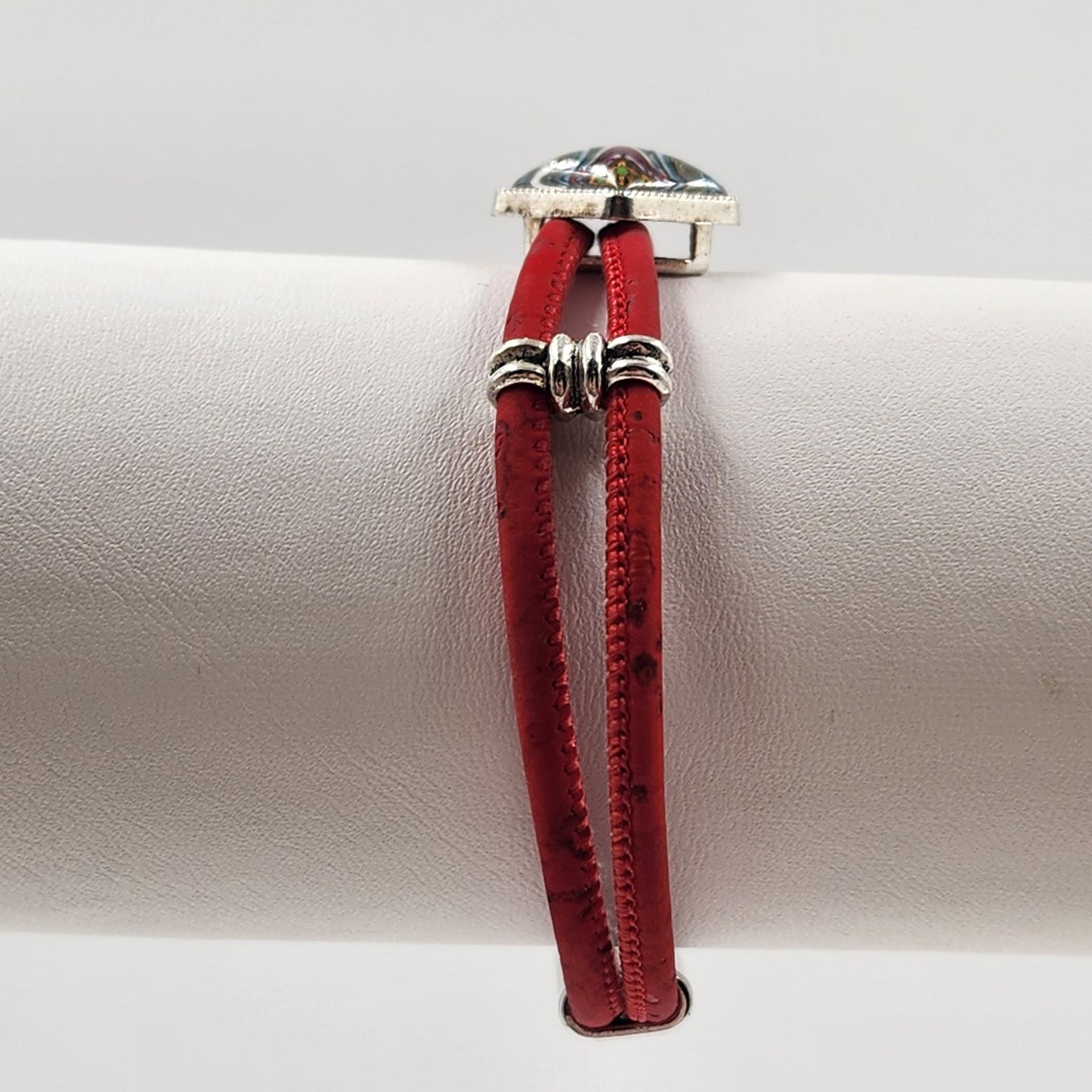 Red Cord Bracelet with Silver Tone Mosaic Slide Charm Boho Jewelry