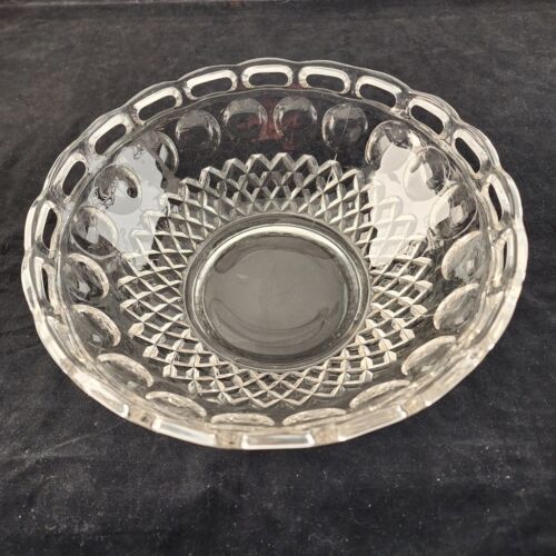 McKee Plymouth Serving Bowl Thumbprint Diamond Cut Out Clear Glass 10"