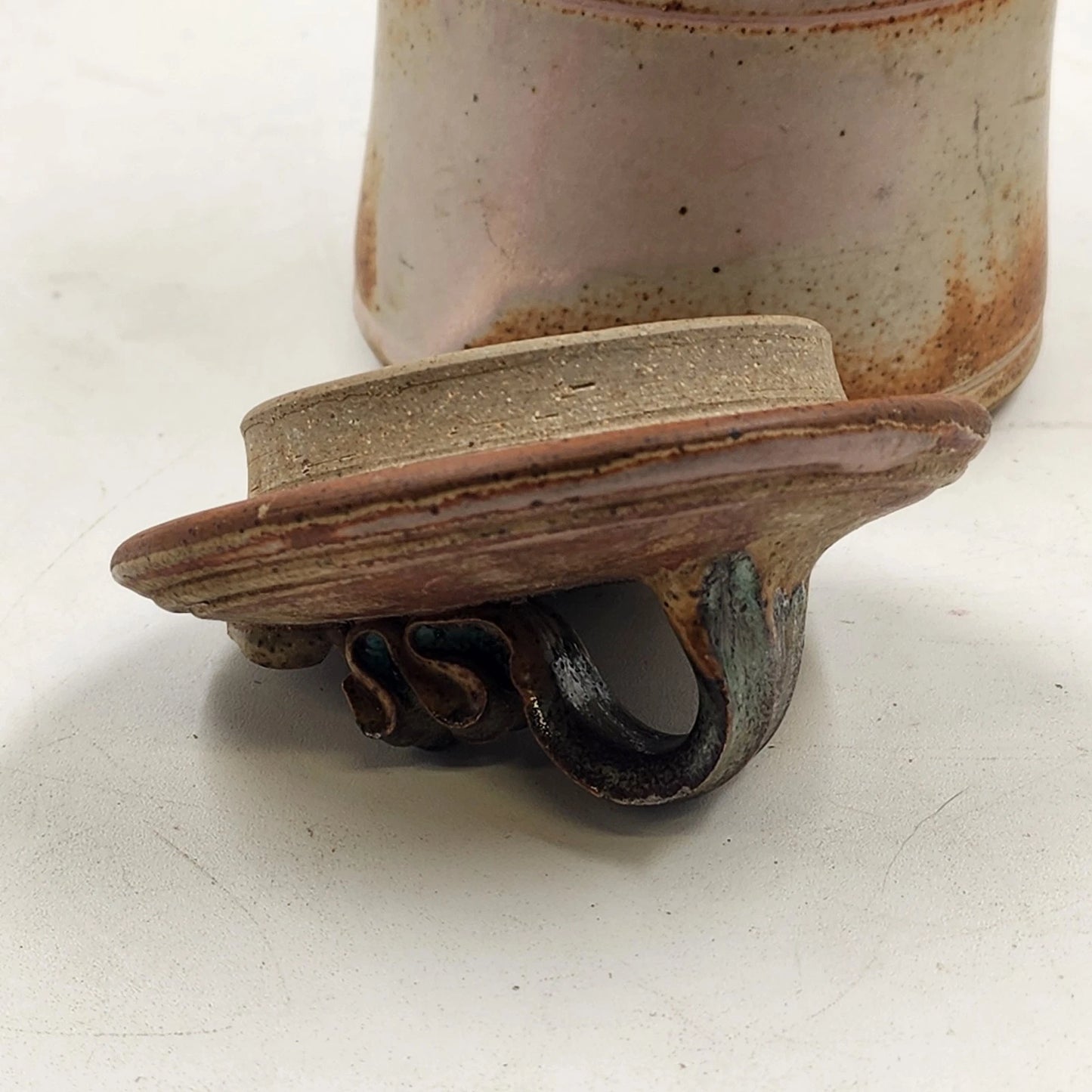 Handcrafted Speckled Stoneware Pottery Lidded Jar w Ribbon Handle Rustic Decor