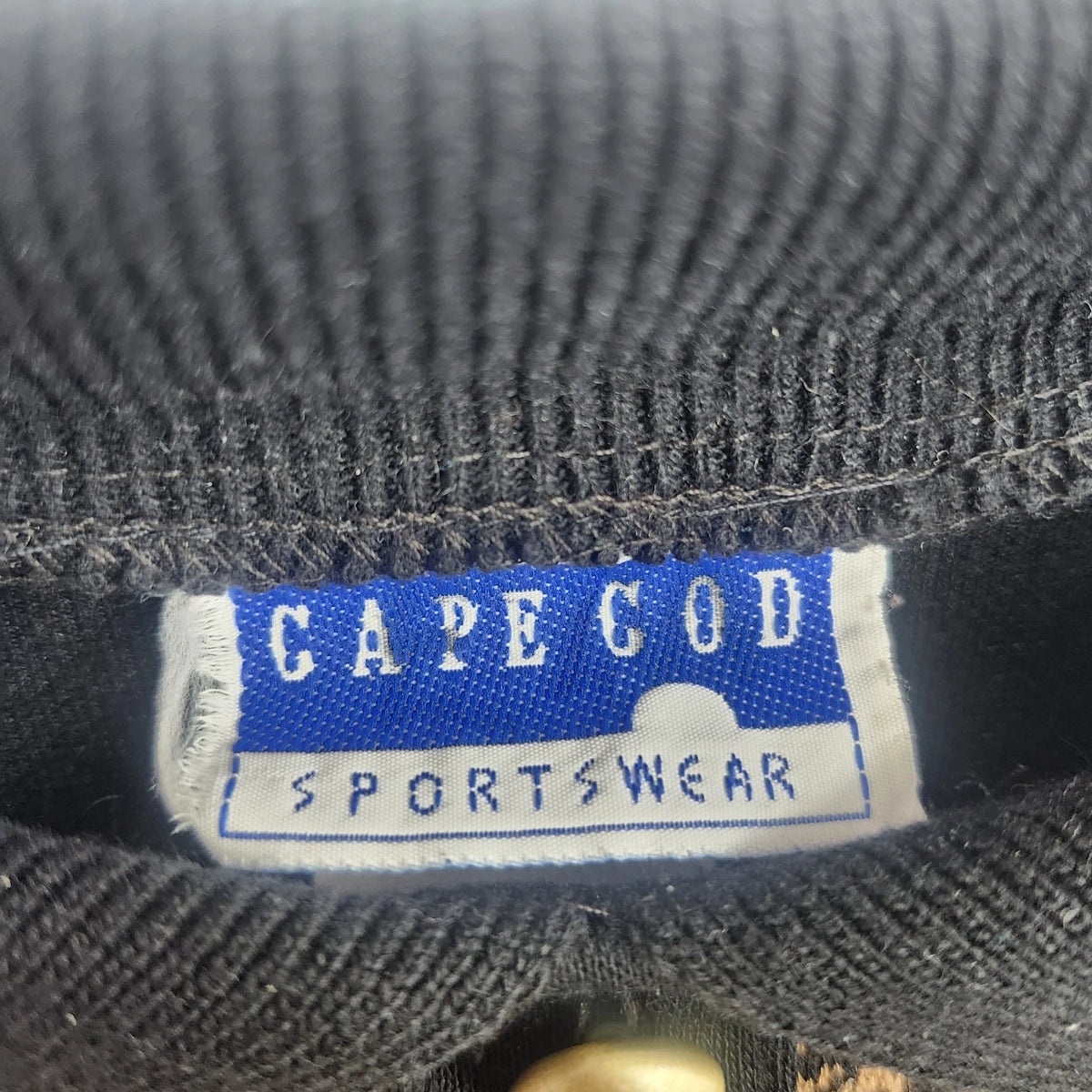 Cape Cod Sportswear Houndstooth Polo Sweater Navy Brown Gold Buttons Collared