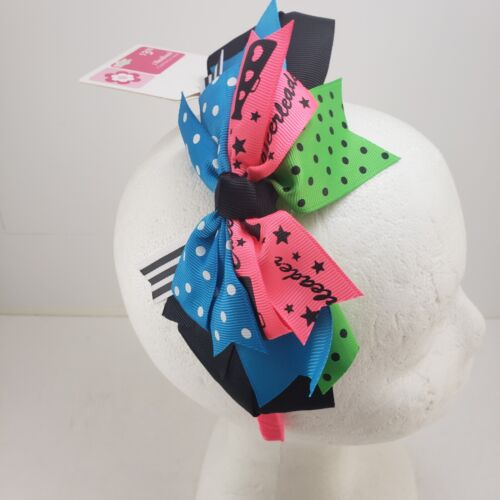 3 Little Girl Pink Cheerleading Headbands with Green Pink Blue Black Ribbons
