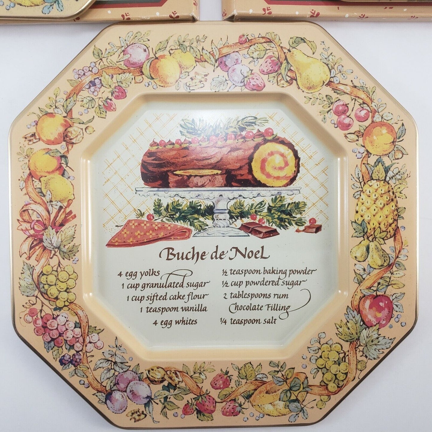 3 Avon Tin Plates Recipes 1982 Blueberry-Orange Bread Plum Pudding Buche de Noel