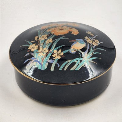 Japan Ceramic Trinket Pot Box 6" Black Gold Gilt Bird & Flowers Ring Box