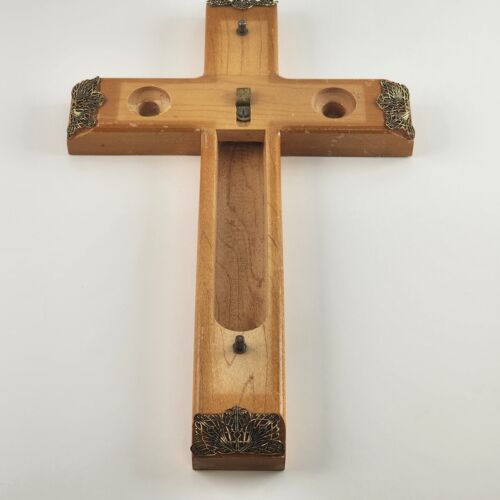 Vintage Crucifix Wooden Wall Hanging Candle Box Cross Catholic Religious Brass