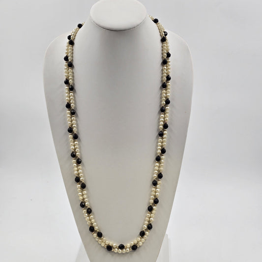 Black White & Gold Faux Pearl Stone Beaded 2 Strand Long Necklaces