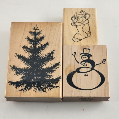 christmas tree rubber stamps Lot of 3 Holiday & Christmas Themed Wooden Mounted Rubber Stamps Vinta – BackRoadPicking