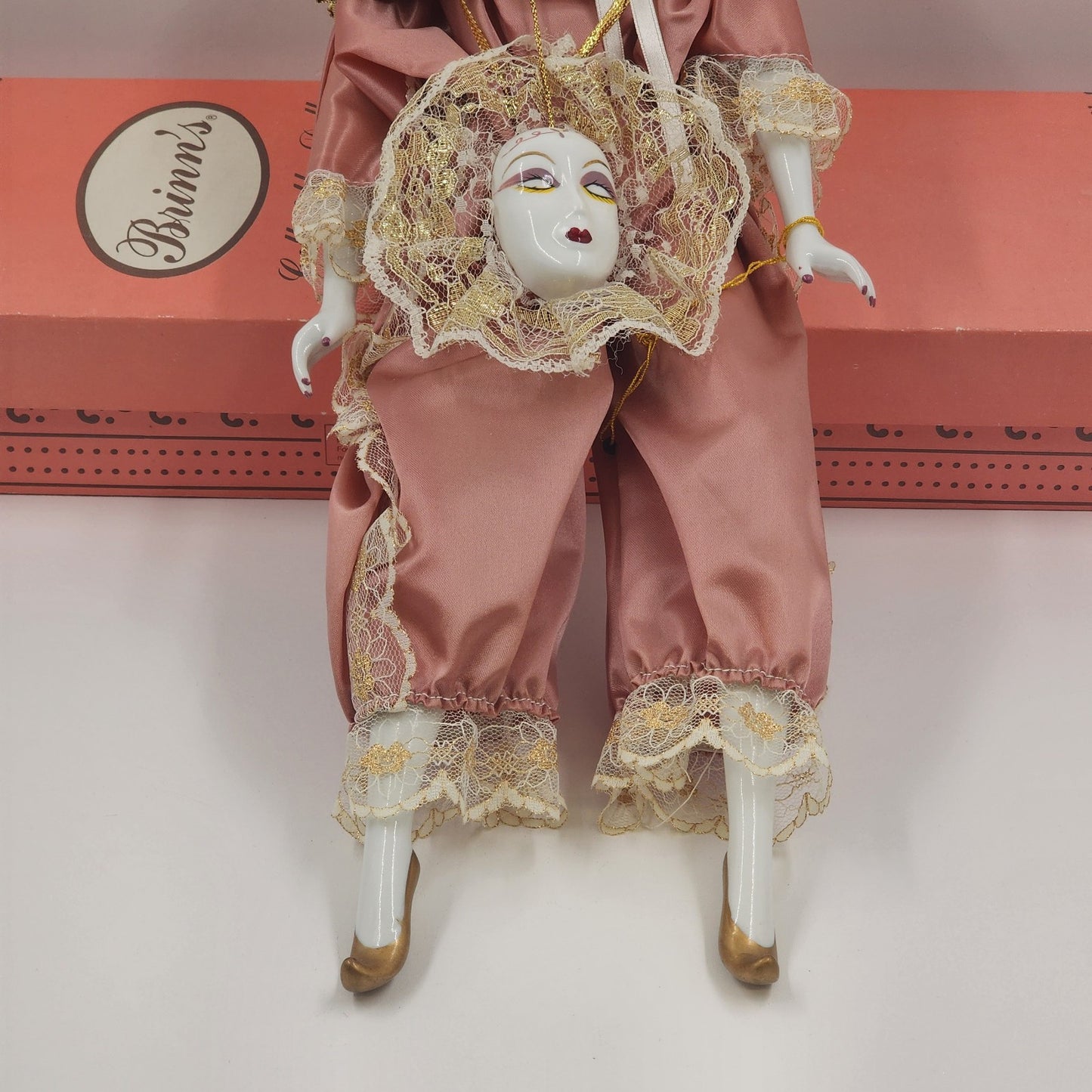 Brinn's Harlequin Porcelain Doll Mardi Gras Clown Mauve & Gold 17" 1991 COA VTG