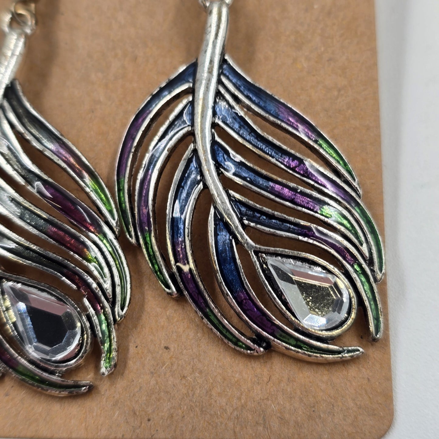 2 Set of Earrings Feather Shape Enameled Rhinestone & Avon Boho Weave Multicolor