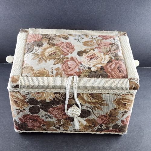 Tapestry Wicker Woven Sewing Box Basket Vintage Clear Tray Pin Cushion 11"x8"x7"
