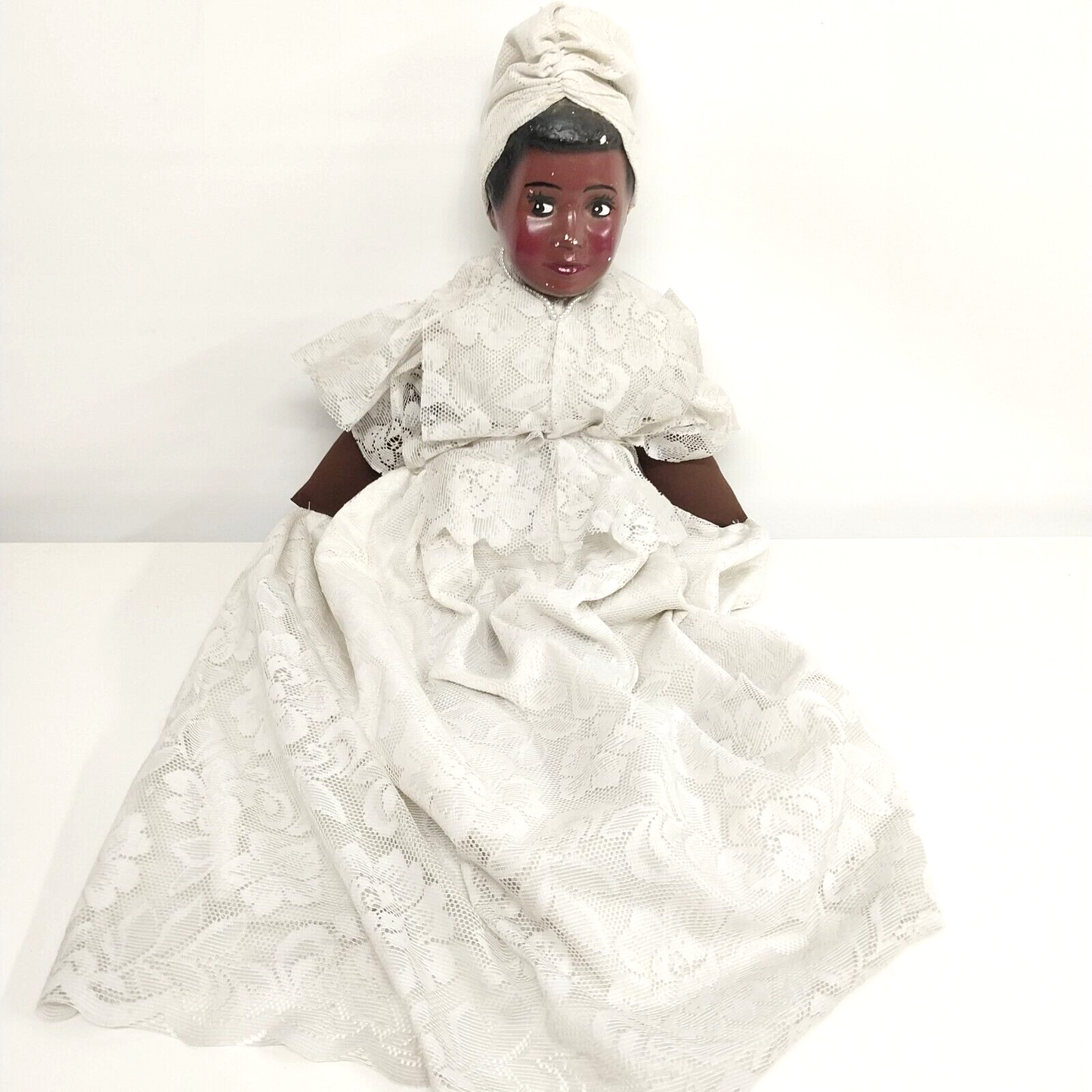 Black Chalkware Bust Bride Doll Hand Made Stuffed Body Lace Dress 28"