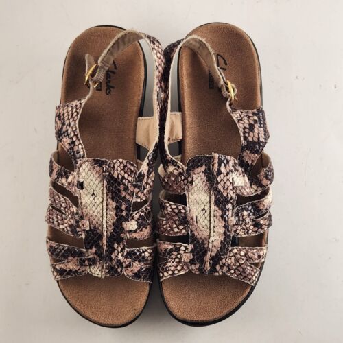 Clarks Collection Women Beige Snake Skin Print Sandals Singback Brown Size 7.5