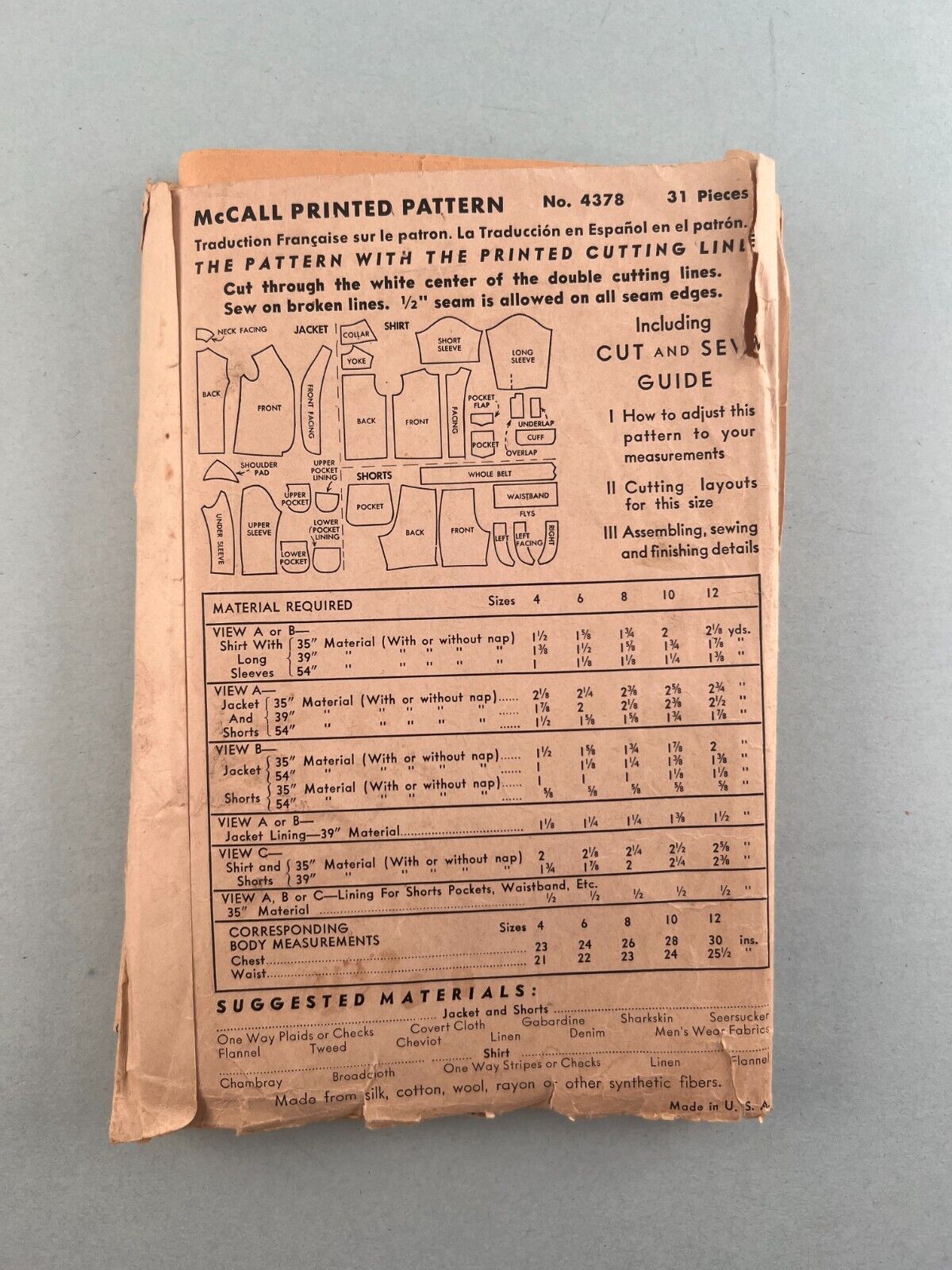 McCall's 4378 Vintage Sewing Pattern 1940's Boys Suit Jacket Shorts & Shirt Sz 4