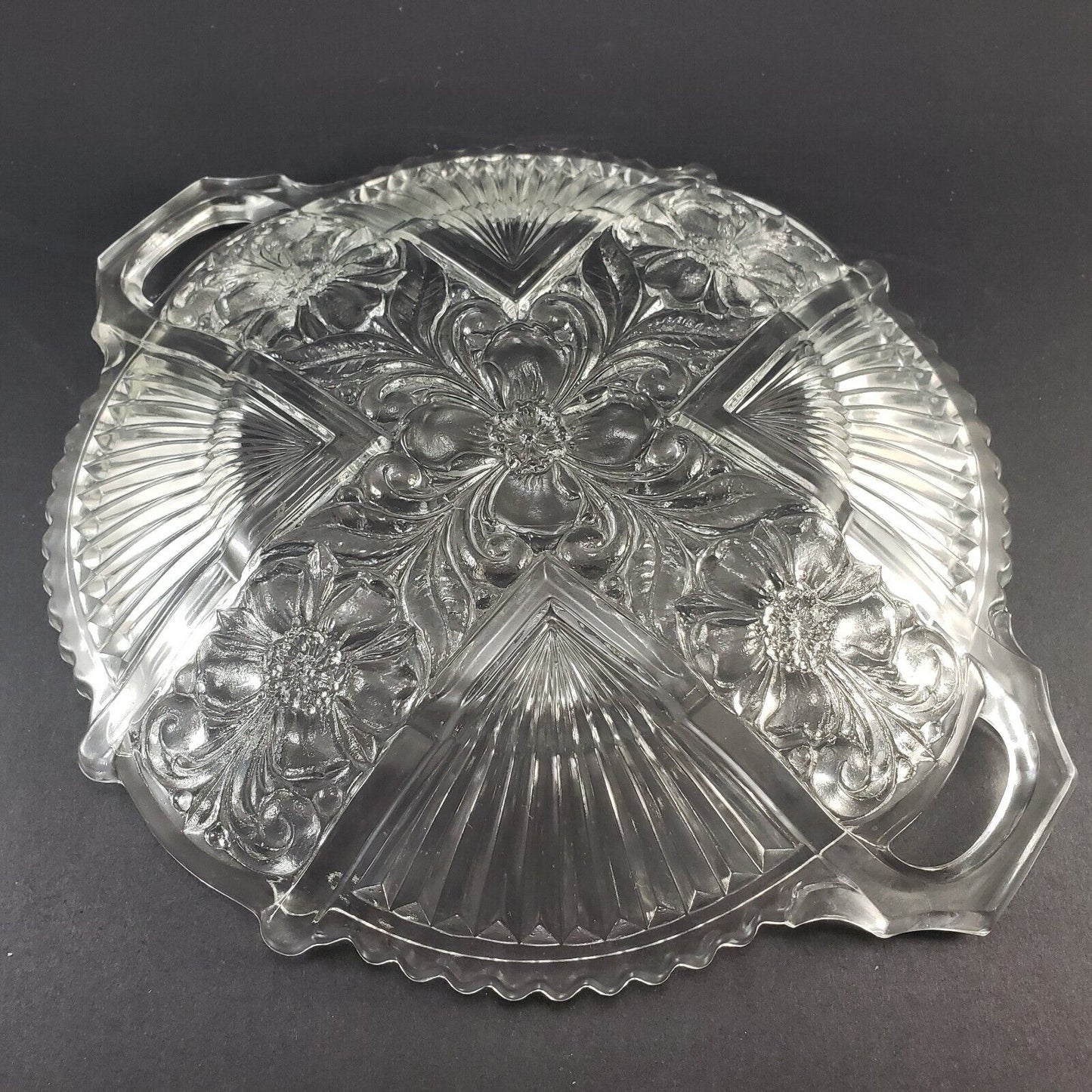 Clear 2 Handled Relish Plate Indiana Glass Killarney Pattern 10½" Across Vintage